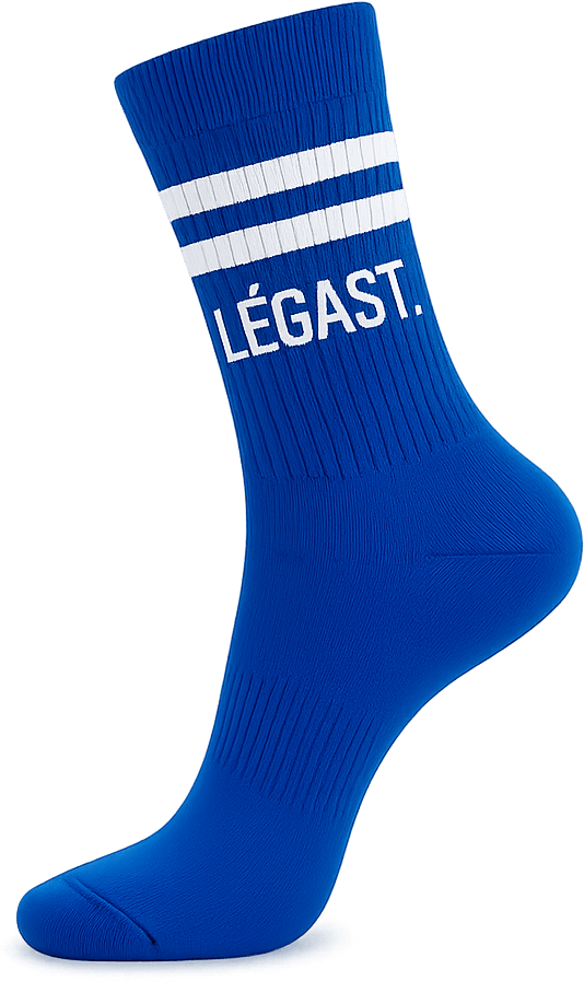 Royal blue ribbed socks with white sport stripes and a knitted brand name