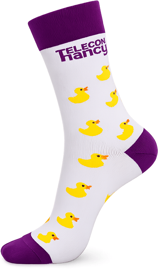 White crew socks with a yellow duck jacquard pattern and a purple contrast cuff