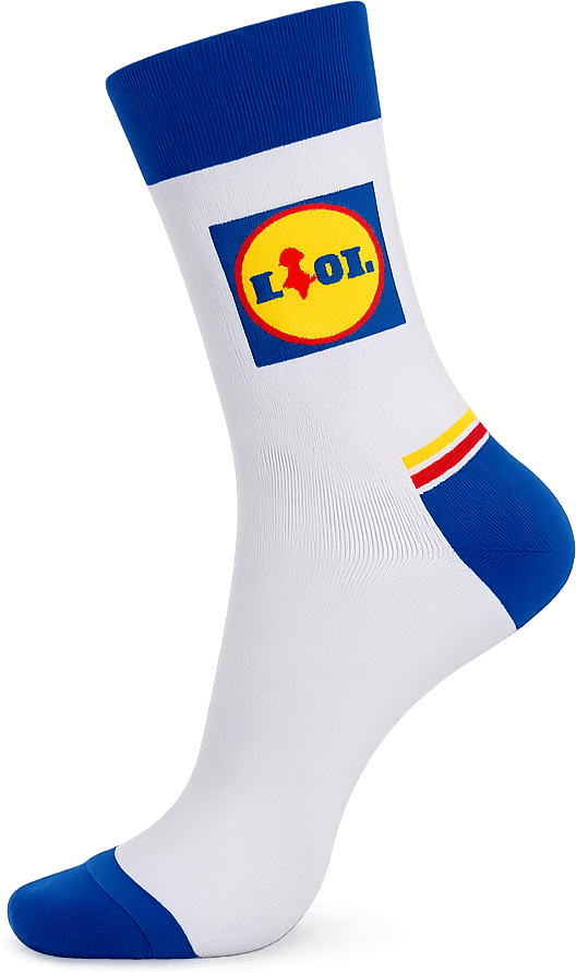 White branded crew socks with a knit-in retail logo, made for a private-label program