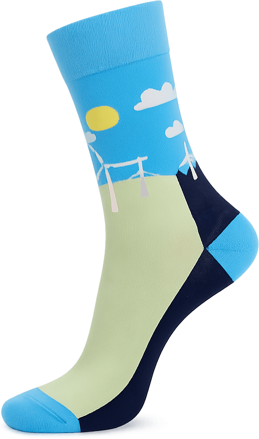 Sky-blue sport socks with a knitted windmill scene and a green sole